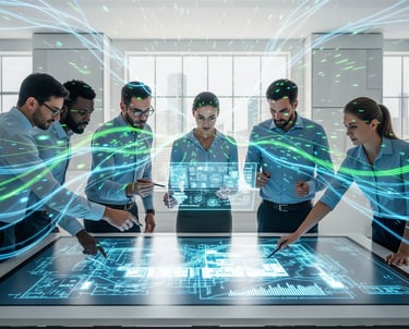 a group of people standing around a table with a laptop