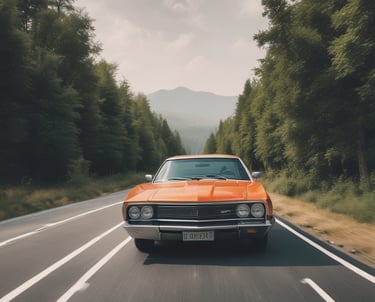 A car driving on a scenic road representing auto insurance.