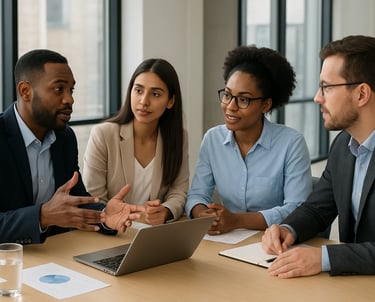 a group of people sitting around a table