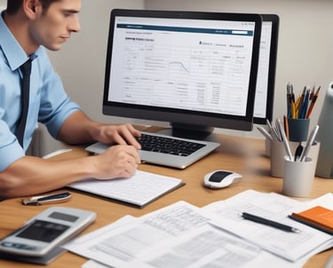 A confident professional reviewing financial documents in a modern office setting.