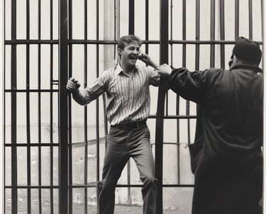 A person is seated behind bars with a book in front of them. The background is filled with various black-and-white portraits pinned to a wall, depicting different people.