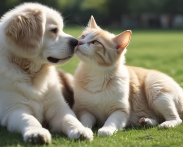 Two packages of pet milk substitute products are displayed, one for cats featuring a kitten, and one for dogs featuring a puppy. The packages are vibrant, with the cat product being blue and the dog product being blue and orange. A green plant leaf is partially visible on the left side of the image, with a soft beige background.