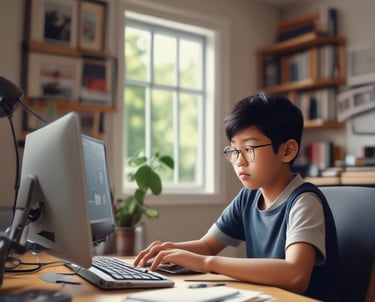 A workspace featuring a tablet and a laptop on a wooden desk. The tablet displays an online learning platform with various course thumbnails, while the laptop shows a coding environment with a colorful code editor. The setup suggests a focus on learning and coding.