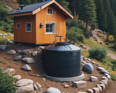 A rustic stone house with a slanted roof is situated on a grassy plain, surrounded by lush greenery and hills. Behind the house, majestic mountains with patches of snow rise against a clear blue sky. A solar panel is seen near the house, and there is a small pile of logs beside it.