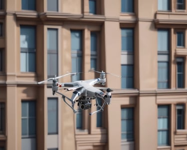 A drone is positioned on the floor of a large, dimly lit industrial warehouse. Its lights are glowing red, casting a warm glow on the concrete surface. The vast space features metal beams and scattered debris, with light filtering through high windows.
