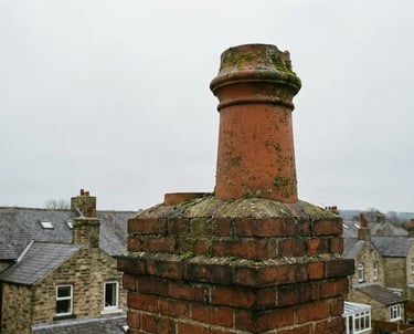 Red clay chimney pot with green moss on a brick roof overlooking a suburban neighborhood.