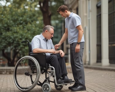 An elderly person with grey hair uses a hearing aid. The person is wearing glasses and has their finger touching the hearing aid behind their ear.