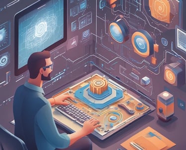 An abstract, pastel-colored, 3D-rendered representation of data analysis and search engine optimization (SEO). The image features a computer interface with various analytics symbols, including a magnifying glass, bar charts, pie charts, and a search bar with the text 'SEO'. Surrounding the interface are different objects such as a potted plant, a cup with a saucer, and a megaphone, all placed on a light green background.