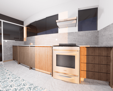 Render 3D de una cocina remodelada con diseño contemporáneo, acabados modernos, iluminación integral