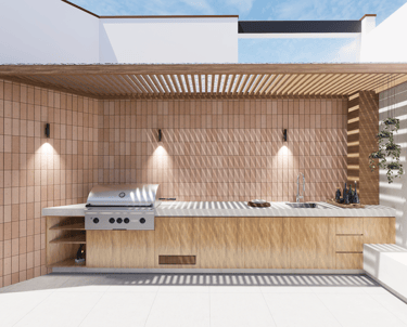 Render 3D de terraza moderna para diseño de interiores y exteriores, con muebles contemporáneos, ilu