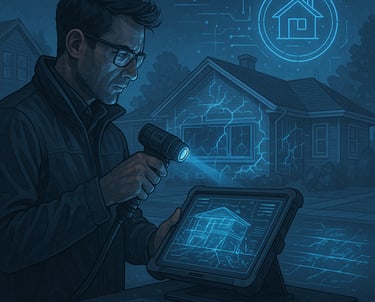 a man in a black jacket is holding a camera and looking at a tablet