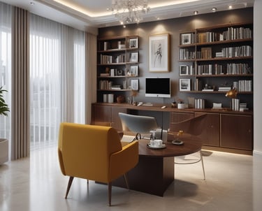 A modern architectural interior with large, angular windows allowing natural light to flood in. A central, curved staircase leads to an upper level, where two people stand looking out over the space. Below, three people are walking and interacting in the open area. The design features clean lines and a prominent red square artwork on the wall.