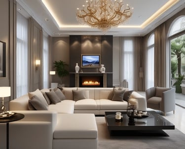 A minimalist interior featuring a geometric wall design with triangles, circles, and lines in shades of brown, gray, and beige. In the foreground, a wooden table with a glass vase containing green foliage. A bicycle with a white handlebar is partially visible, leaning against the wall.