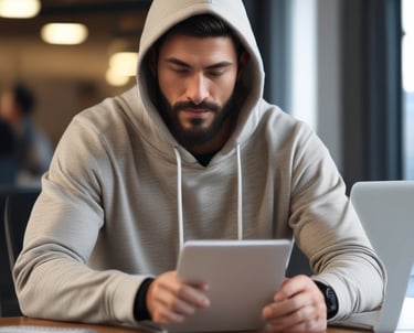 A man wearing a dark hoodie printed with 'Training Club RFW.' stands confidently in a gym setting. The background is softly blurred, highlighting a few wall decorations and warm lighting.