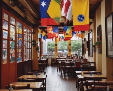 A modern, stylish restaurant interior with soft lighting and a warm ambiance. The space features several round tables with gray cushioned chairs, elegant plant decorations, and hanging pendant lights. The flooring combines polished wood and concrete textures, adding to the sophisticated design. Large windows on the right allow natural light to enter, complementing the inviting atmosphere. Thoughtfully placed vases with flowers enhance the aesthetic appeal.