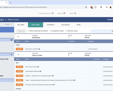 eqLend Mission Control showing Team Tasks