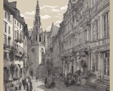 a drawing of a street scene with a church steeple