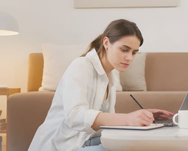 a woman sitting at a table with a laptop and a cup of coffee