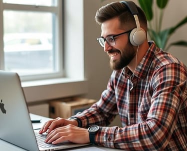 a man wearing headphones, sitting at a desk and responding to the clients of stock market