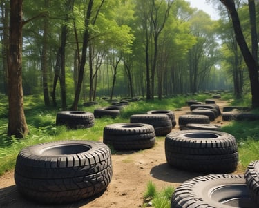 A garage filled with tires and automotive equipment. Tires are stacked on shelves and some are mounted on the walls alongside wheel rims. A person is seated in the corner on the left, looking at a mobile phone. An orange traffic cone is on the floor, and there is a machine used for tire services.