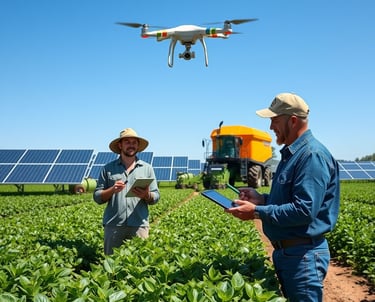 Productores usando tablet, drones, paneles solares. Innovación Agritech