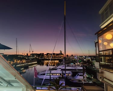 Viaduct Marina, Auckland, New Zealand. View of sunset, city lights and moored yachts