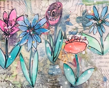 Hand-cut painted florals layered over textured mixed media paper—each petal placed atop soft washes,