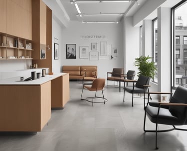 Two workers in protective gear are cleaning the large glass windows of a modern building. They are suspended mid-air by ropes and harnesses, equipped with cleaning tools.