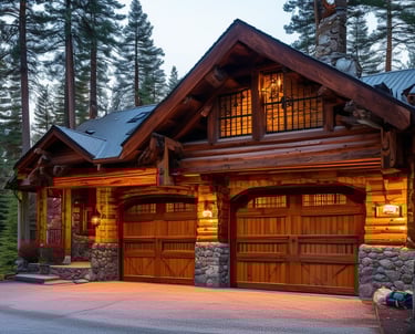 a large wooden garage with a large garage door