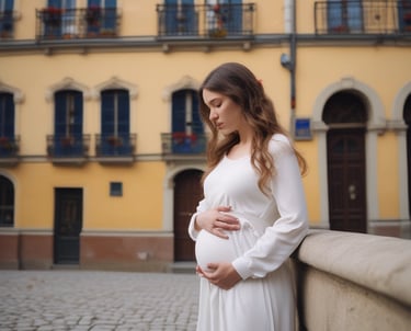 A warm and inviting image of a pregnant woman smiling while holding a bowl of fresh fruits and vegetables in a cozy kitchen.