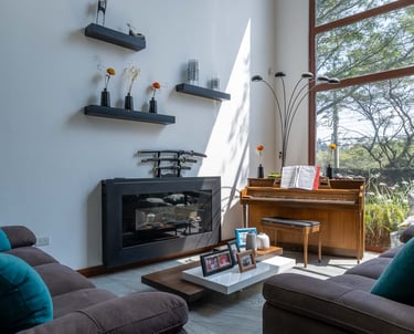 fotografía inmobiliaria quito ecuador tumbaco gran sala de estar con muebles, piano y un gran ventanal con luz natural