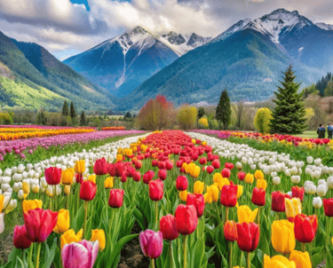 Vibrant tulips of every color bloom amidst tranquil surroundings of lush greenery and majestic mount