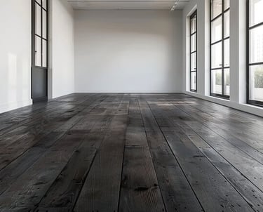 Instalación de tarima flotante en un salón moderno con acabados en madera oscura