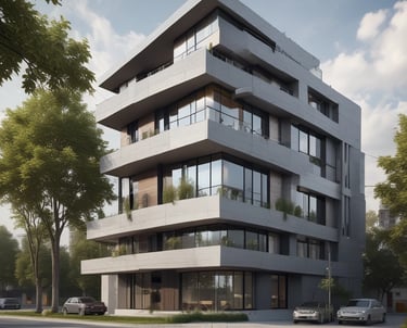 A modern multi-story building with numerous windows, featuring a central entrance labeled 'Leasing Office'. A pathway leads up to the entrance, bordered by manicured plants and palm trees. A zebra crossing stretches across the asphalt road in front of the building.