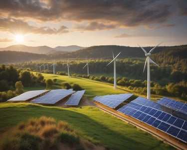 An aerial view of a complex of modern buildings with green roofs and solar panels, surrounded by lush greenery. The surrounding area features a mix of industrial and residential buildings, under a partly cloudy sky.