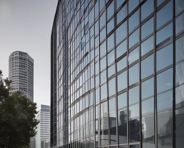 A modern office building with large glass windows. In front of the building, there is a green sign with a plug symbol and the letters 'EY'. Surrounding the area are neatly trimmed bushes.