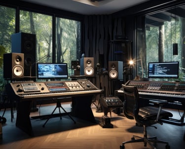 A state-of-the-art studio environment bustling with music and video production activities
