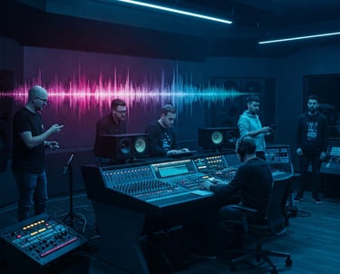 A collaborative team of artists meticulously crafting an exceptional album through professional prod
