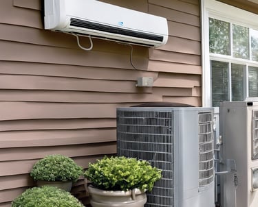 A series of air conditioning units are mounted on a metal structure outside a building with white paneling. Two large windows are visible behind the units, revealing the indoors with fluorescent lighting.