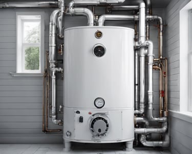 A brick building with a large sign reading 'WRF & S N Plumbing & Heating' on the front facade. There are advertisements for Goulds Pumps, water conditioners, and supplies on the wall. The storefront features large glass windows displaying plumbing-related items. The door on the left is labeled '15 N Main' and there is a sign indicating propane cylinder refills.