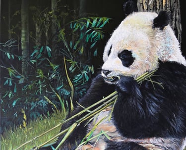 Endangered Panda eating bamboo. Oil Painting