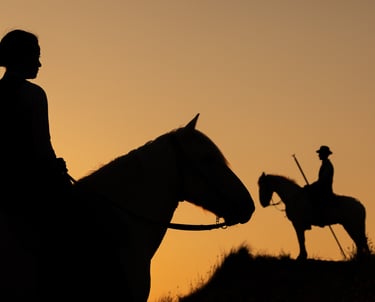two riders riding a horse in the sunrise