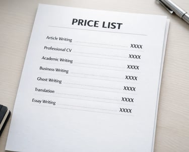 Professional freelance writing price list featuring article, CV, academic, and business writing services.