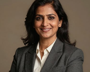 A professional corporate headshot of an elegant South Asian female investment advisor in her late 30s, smart professional attire, posing with a warm, welcoming smile, warm studio illumination.