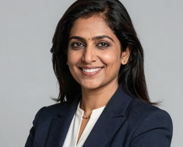 A professional corporate headshot of a South Asian woman in her mid 30s, dressed in sophisticated formal attire, smiling with an authoritative and friendly expression, clean light grey background.