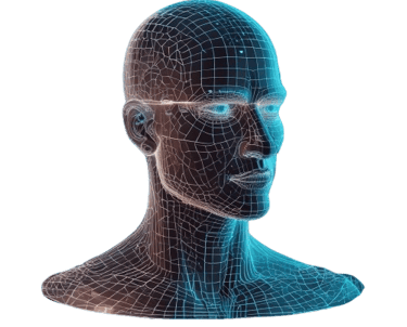 A 3D wireframe mesh of a human head in neon blue representing artificial intelligence and digital identity.