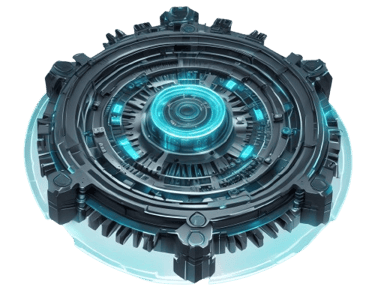 Futuristic mechanical circular engine core with glowing blue neon energy lights on a black background.