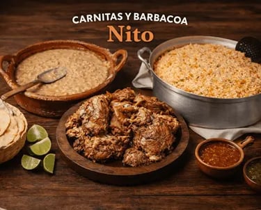 Barbacoa de res, arroz y frijoles de Carnitas y Barbacoa Nito en Querétaro para catering y eventos