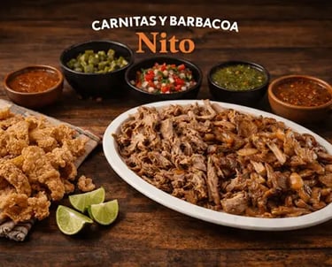 Carnitas surtida con salsas tradicionales en Querétaro