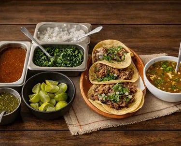 Tacos de barbacoa de res con cilantro, cebolla, limones y consome tradicional en Querétaro.